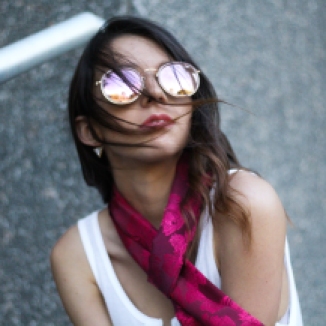 red silk scarf and sunglasses