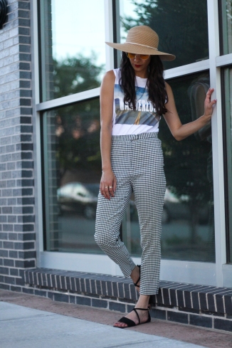 strappy sandals and gingham pants